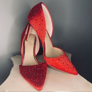 Badgley Mischka Beautiful Red Pointy Toe Embellished Satin shoes.